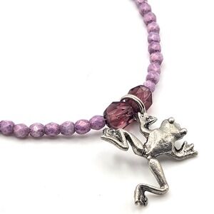 Purple Glass‎ Beaded Frog Charm Bracelet or Anklet Silver Tone 8.75 Inch